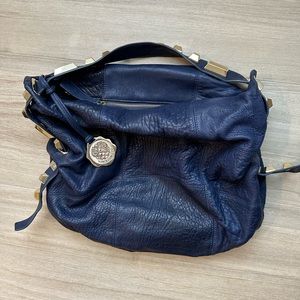 Vince camuto blue leather bag with gold accents